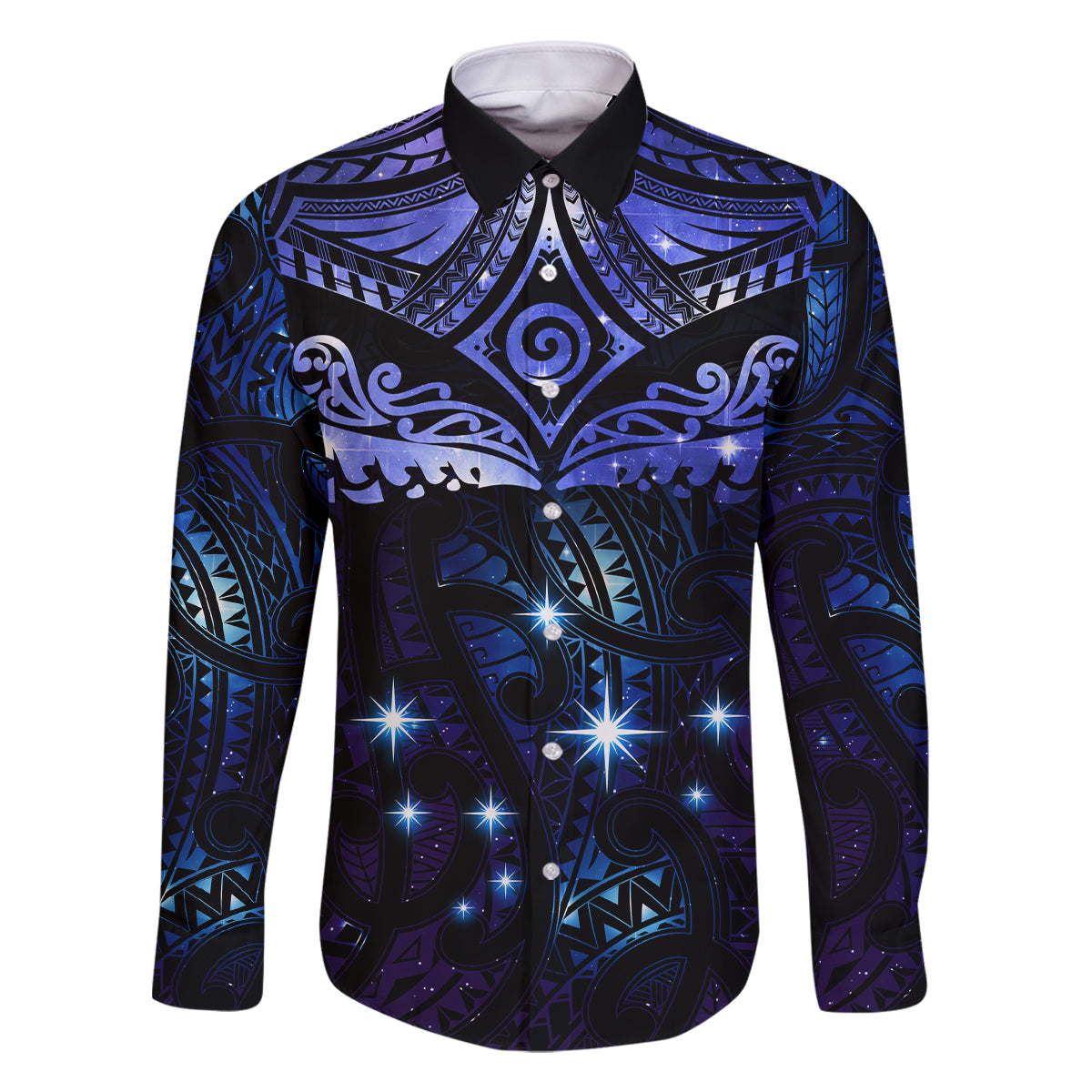 New Zealand Matariki Family Matching Off Shoulder Maxi Dress and Hawaiian Shirt Maori Pattern and Matariki Sky Night LT03 Dad's Shirt - Long Sleeve Blue - Polynesian Pride