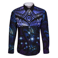 New Zealand Matariki Family Matching Off Shoulder Maxi Dress and Hawaiian Shirt Maori Pattern and Matariki Sky Night LT03 Dad's Shirt - Long Sleeve Blue - Polynesian Pride
