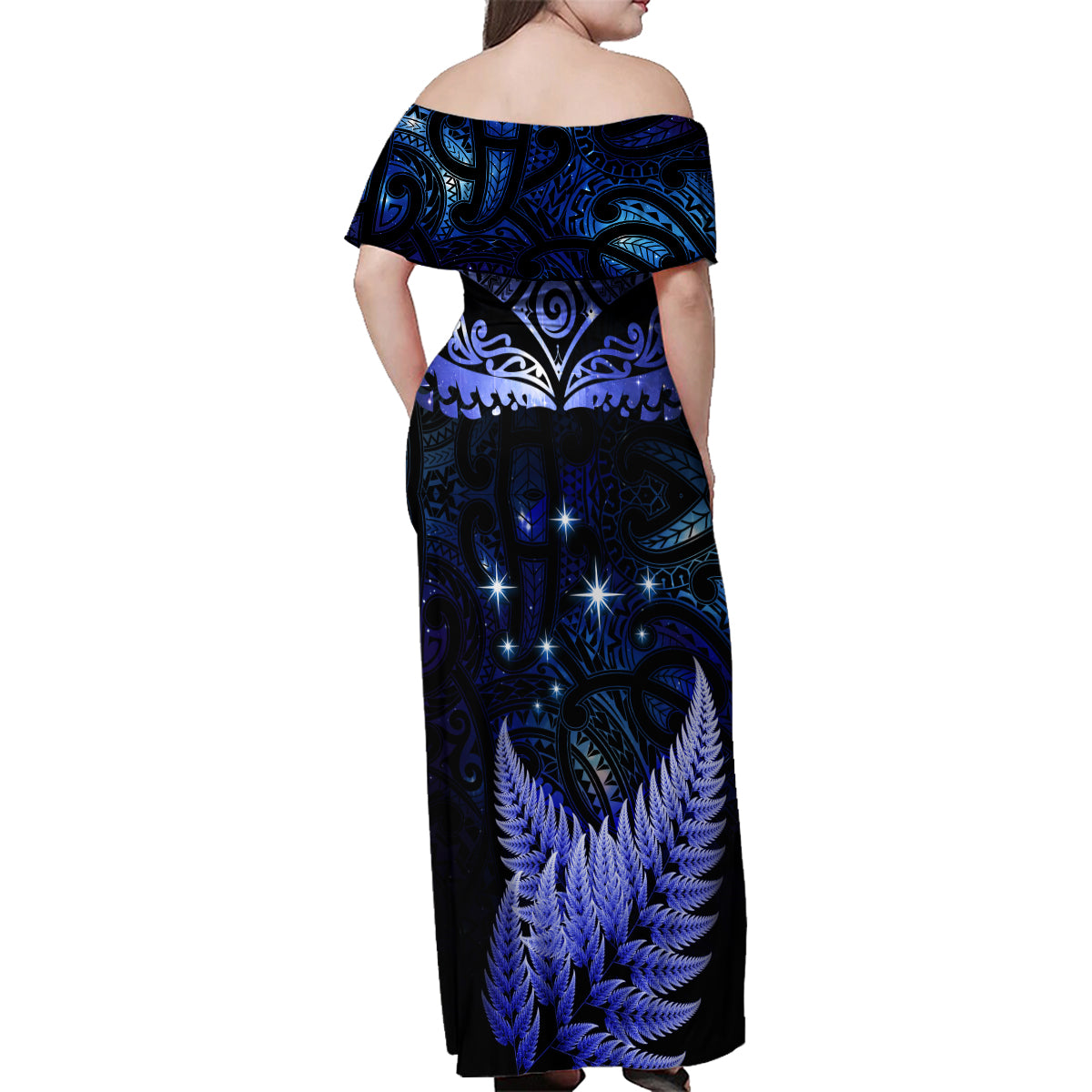 New Zealand Matariki Family Matching Off Shoulder Maxi Dress and Hawaiian Shirt Maori Pattern and Matariki Sky Night LT03 - Polynesian Pride