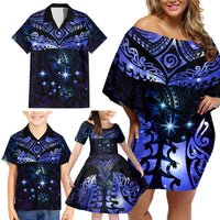 New Zealand Matariki Family Matching Off Shoulder Short Dress and Hawaiian Shirt Maori Pattern and Matariki Sky Night LT03 - Polynesian Pride