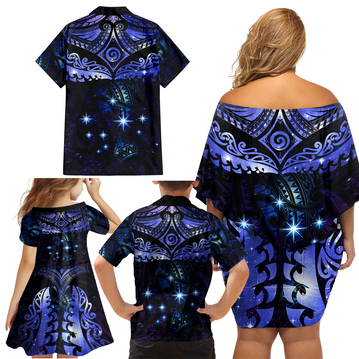 New Zealand Matariki Family Matching Off Shoulder Short Dress and Hawaiian Shirt Maori Pattern and Matariki Sky Night LT03 - Polynesian Pride