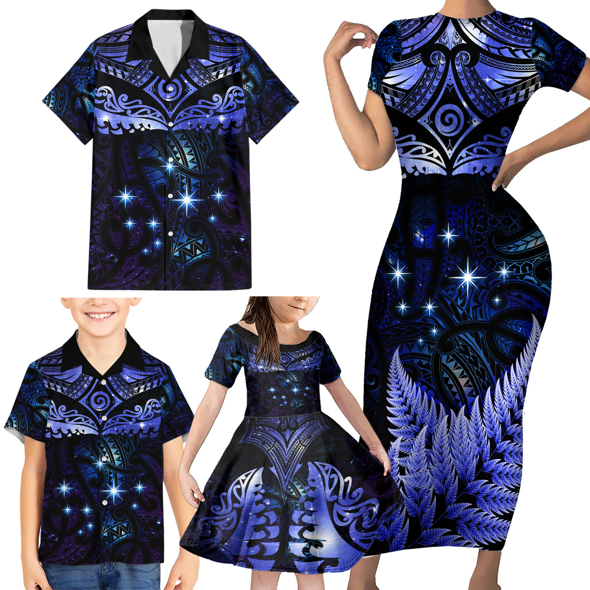 New Zealand Matariki Family Matching Short Sleeve Bodycon Dress and Hawaiian Shirt Maori Pattern and Matariki Sky Night LT03 - Polynesian Pride