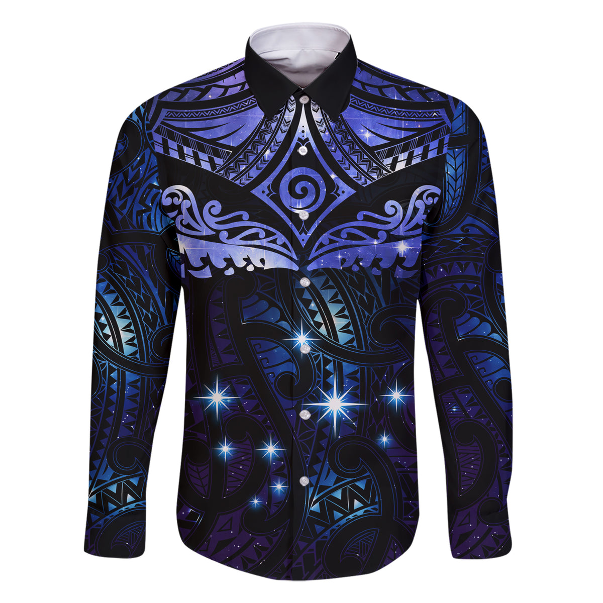 New Zealand Matariki Family Matching Short Sleeve Bodycon Dress and Hawaiian Shirt Maori Pattern and Matariki Sky Night LT03 Dad's Shirt - Long Sleeve Blue - Polynesian Pride