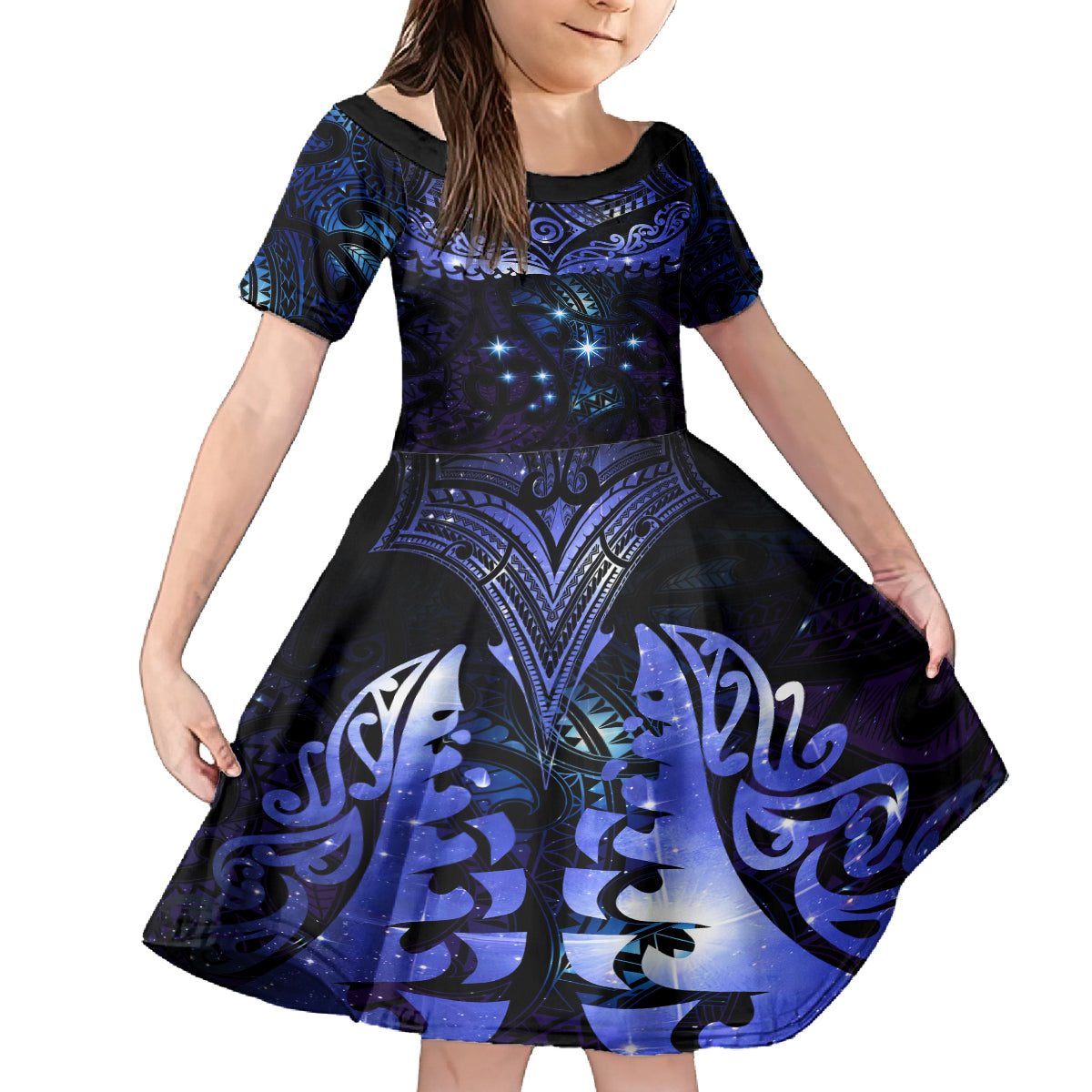 New Zealand Matariki Family Matching Summer Maxi Dress and Hawaiian Shirt Maori Pattern and Matariki Sky Night LT03 Daughter's Dress Blue - Polynesian Pride