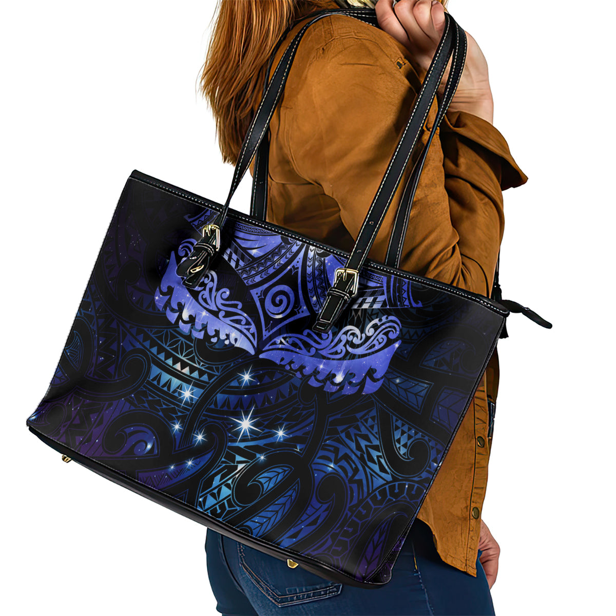 New Zealand Matariki Leather Tote Bag Maori Pattern and Matariki Sky Night