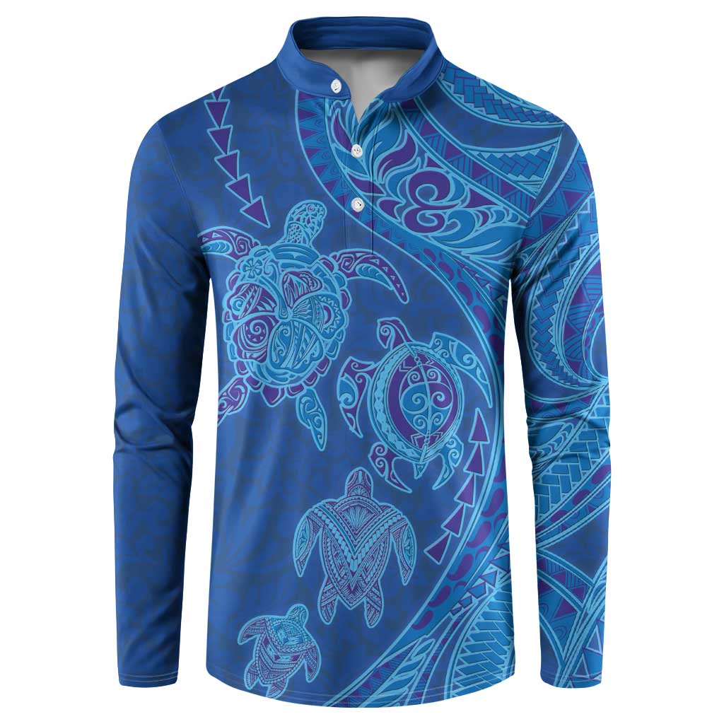 Hawaiian Turtles and Polynesian Art Tattoo Button Sweatshirt Ocean Abyss LT03 Blue - Polynesian Pride