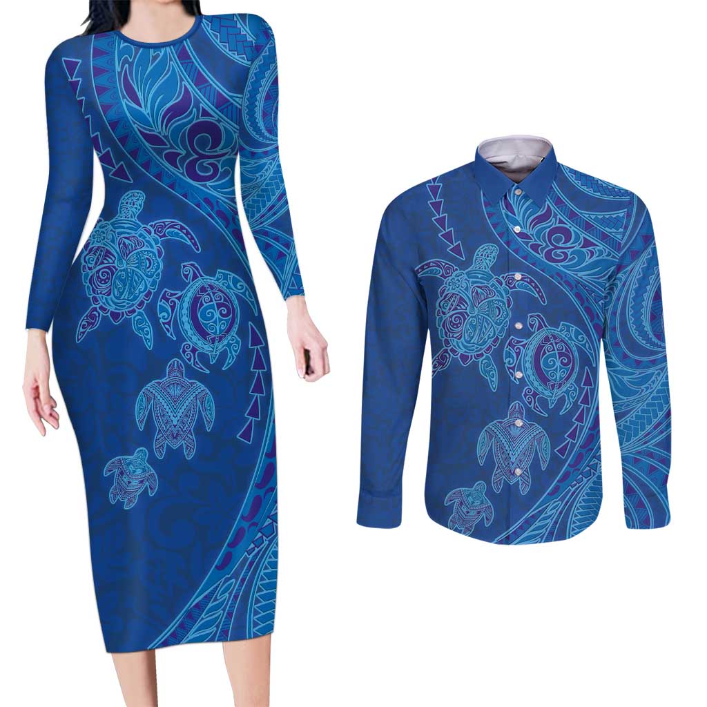 Hawaiian Turtles and Polynesian Art Tattoo Couples Matching Long Sleeve Bodycon Dress and Long Sleeve Button Shirt Ocean Abyss LT03 Blue - Polynesian Pride