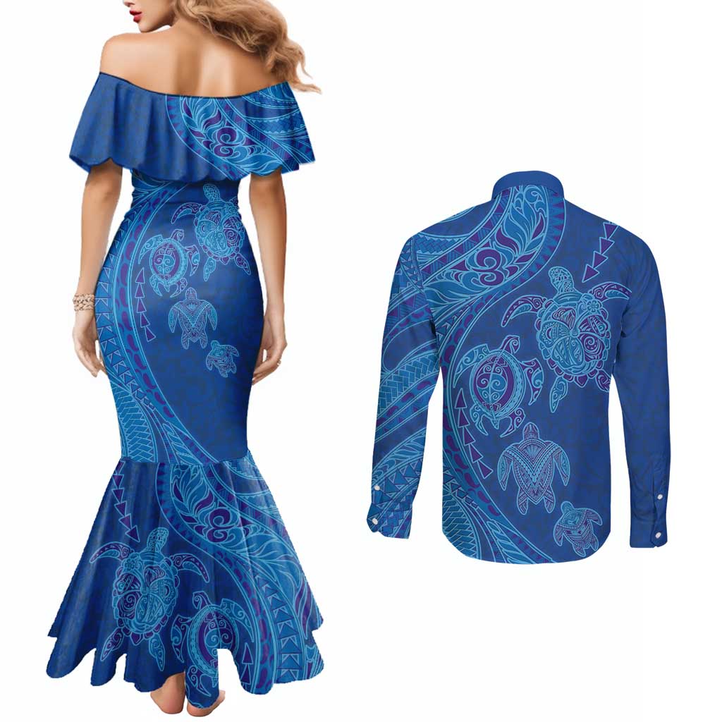 Hawaiian Turtles and Polynesian Art Tattoo Couples Matching Mermaid Dress and Long Sleeve Button Shirt Ocean Abyss