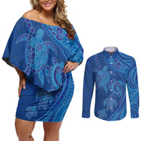 Hawaiian Turtles and Polynesian Art Tattoo Couples Matching Off Shoulder Short Dress and Long Sleeve Button Shirt Ocean Abyss