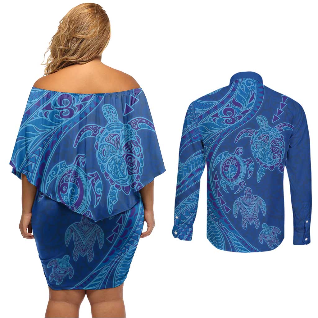 Hawaiian Turtles and Polynesian Art Tattoo Couples Matching Off Shoulder Short Dress and Long Sleeve Button Shirt Ocean Abyss