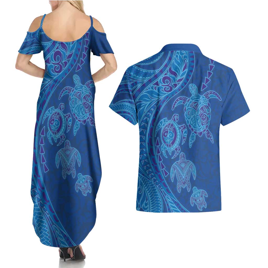 Hawaiian Turtles and Polynesian Art Tattoo Couples Matching Summer Maxi Dress and Hawaiian Shirt Ocean Abyss