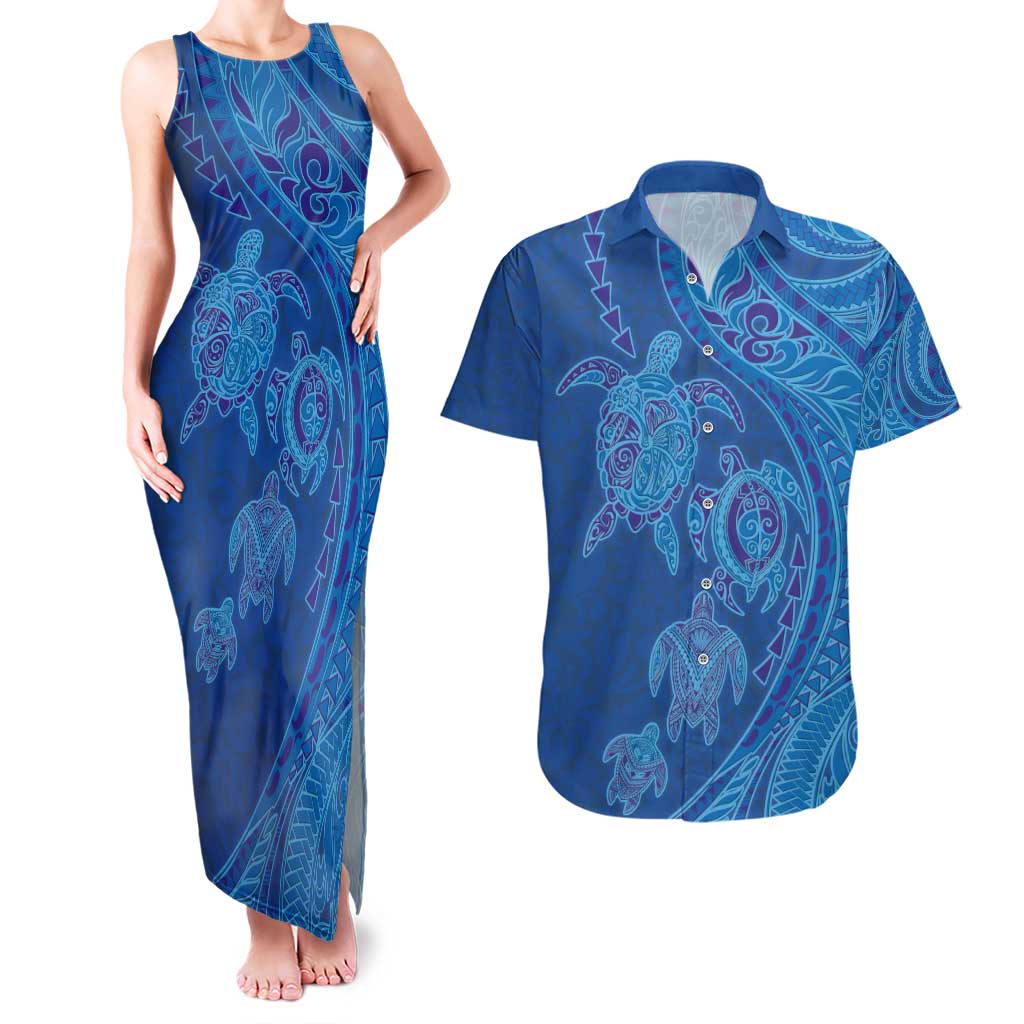 Hawaiian Turtles and Polynesian Art Tattoo Couples Matching Tank Maxi Dress and Hawaiian Shirt Ocean Abyss