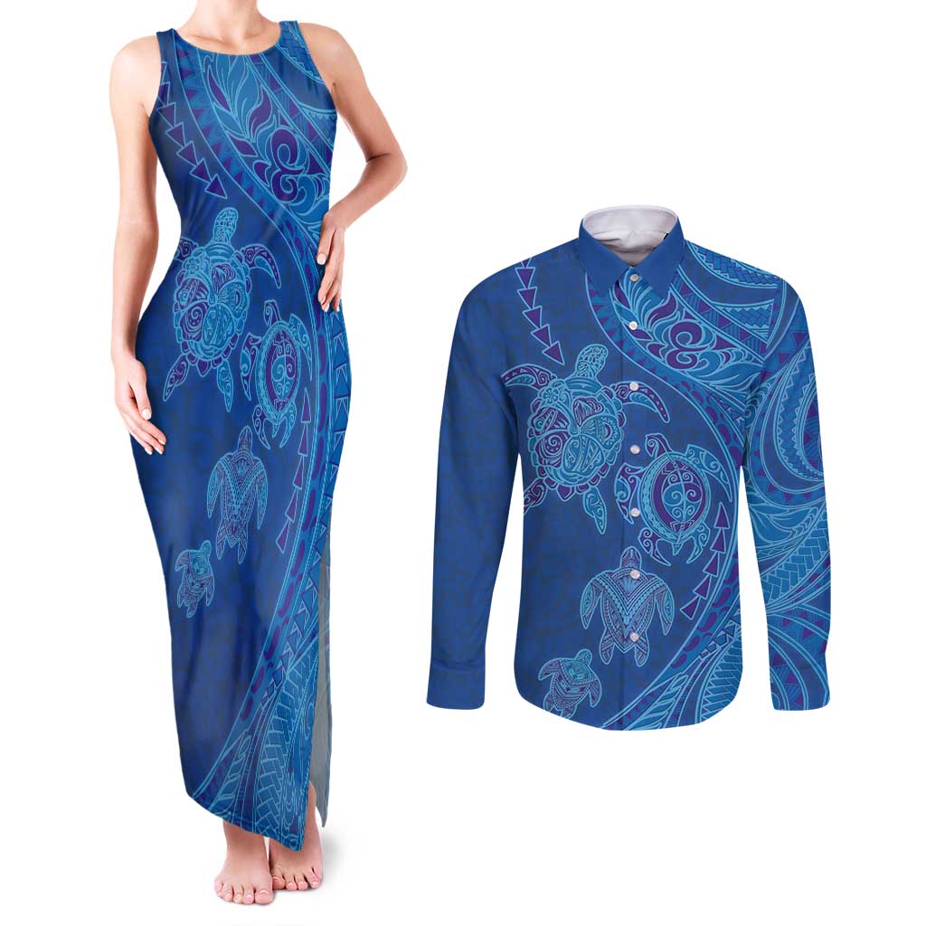 Hawaiian Turtles and Polynesian Art Tattoo Couples Matching Tank Maxi Dress and Long Sleeve Button Shirt Ocean Abyss LT03 Blue - Polynesian Pride