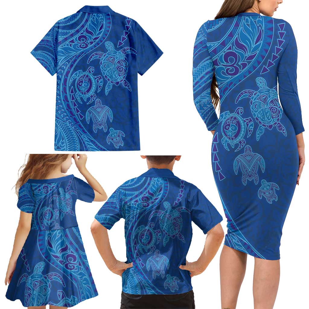 Hawaiian Turtles and Polynesian Art Tattoo Family Matching Long Sleeve Bodycon Dress and Hawaiian Shirt Ocean Abyss LT03 - Polynesian Pride