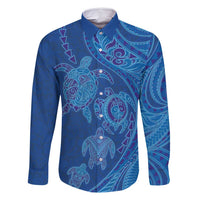 Hawaiian Turtles and Polynesian Art Tattoo Family Matching Long Sleeve Bodycon Dress and Hawaiian Shirt Ocean Abyss LT03 Dad's Shirt - Long Sleeve Blue - Polynesian Pride