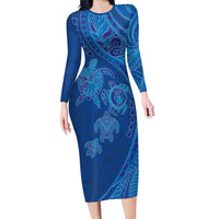 Hawaiian Turtles and Polynesian Art Tattoo Family Matching Long Sleeve Bodycon Dress and Hawaiian Shirt Ocean Abyss LT03 Mom's Dress Blue - Polynesian Pride