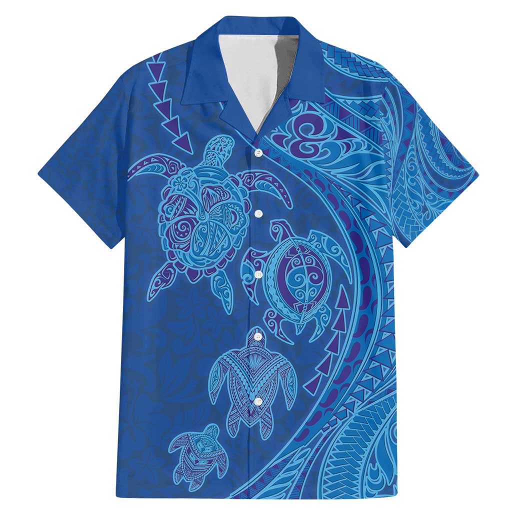 Hawaiian Turtles and Polynesian Art Tattoo Family Matching Mermaid Dress and Hawaiian Shirt Ocean Abyss LT03 Dad's Shirt - Short Sleeve Blue - Polynesian Pride