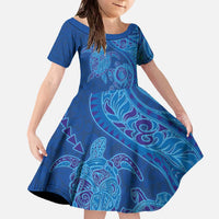 Hawaiian Turtles and Polynesian Art Tattoo Family Matching Off The Shoulder Long Sleeve Dress and Hawaiian Shirt Ocean Abyss LT03 Daughter's Dress Blue - Polynesian Pride