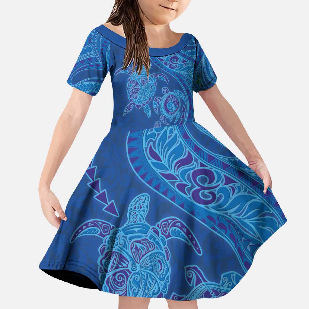 Hawaiian Turtles and Polynesian Art Tattoo Family Matching Off Shoulder Maxi Dress and Hawaiian Shirt Ocean Abyss LT03 Daughter's Dress Blue - Polynesian Pride
