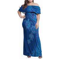 Hawaiian Turtles and Polynesian Art Tattoo Family Matching Off Shoulder Maxi Dress and Hawaiian Shirt Ocean Abyss LT03 Mom's Dress Blue - Polynesian Pride