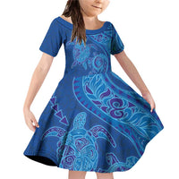 Hawaiian Turtles and Polynesian Art Tattoo Family Matching Off Shoulder Short Dress and Hawaiian Shirt Ocean Abyss LT03 Daughter's Dress Blue - Polynesian Pride