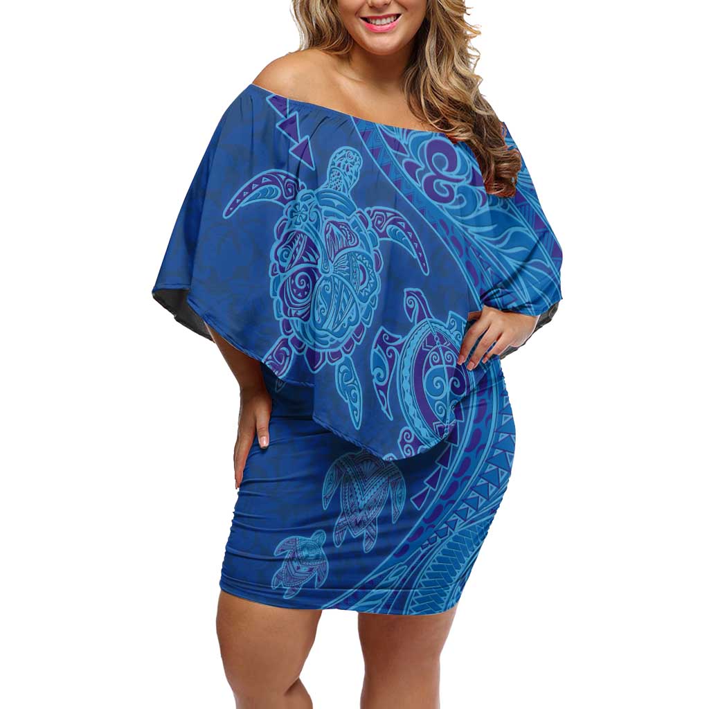 Hawaiian Turtles and Polynesian Art Tattoo Family Matching Off Shoulder Short Dress and Hawaiian Shirt Ocean Abyss LT03 Mom's Dress Blue - Polynesian Pride