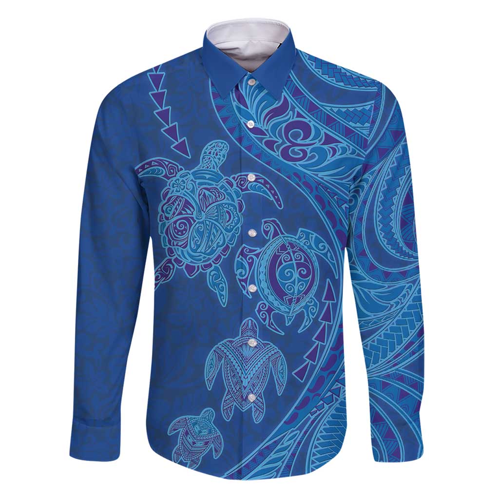 Hawaiian Turtles and Polynesian Art Tattoo Family Matching Puletasi and Hawaiian Shirt Ocean Abyss LT03 Dad's Shirt - Long Sleeve Blue - Polynesian Pride