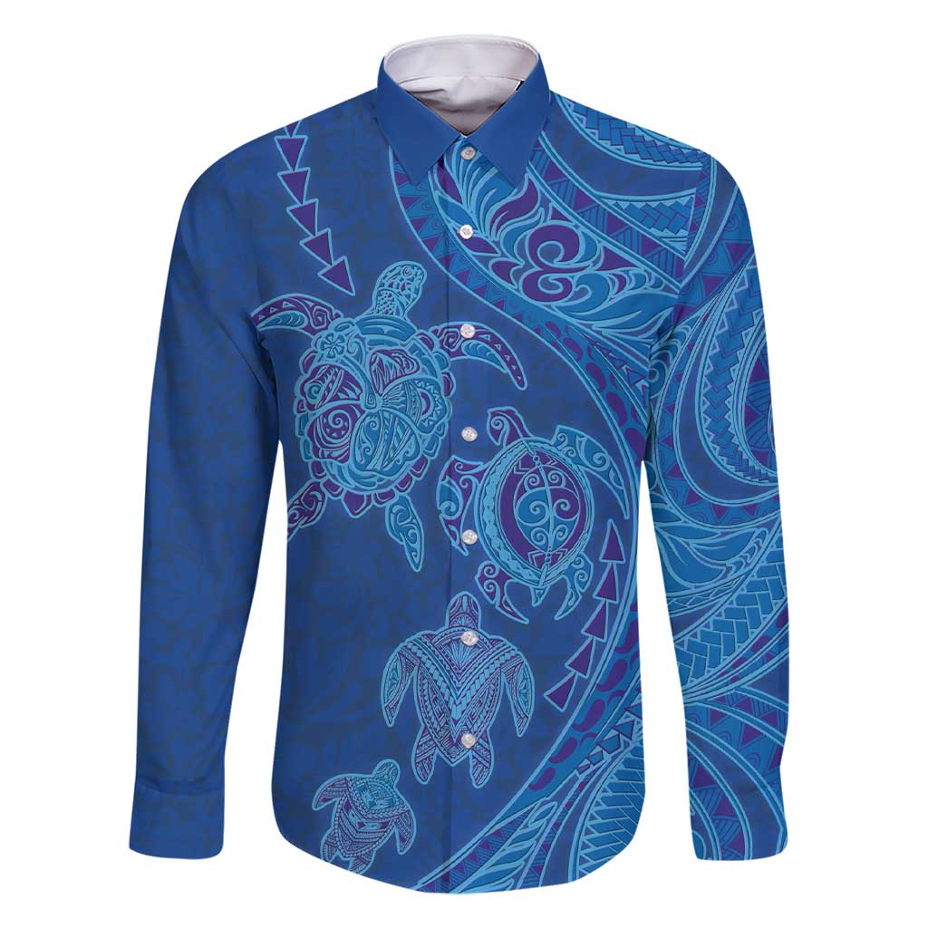Hawaiian Turtles and Polynesian Art Tattoo Family Matching Short Sleeve Bodycon Dress and Hawaiian Shirt Ocean Abyss LT03 Dad's Shirt - Long Sleeve Blue - Polynesian Pride