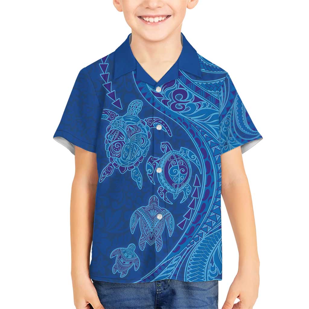 Hawaiian Turtles and Polynesian Art Tattoo Family Matching Summer Maxi Dress and Hawaiian Shirt Ocean Abyss LT03 Son's Shirt Blue - Polynesian Pride