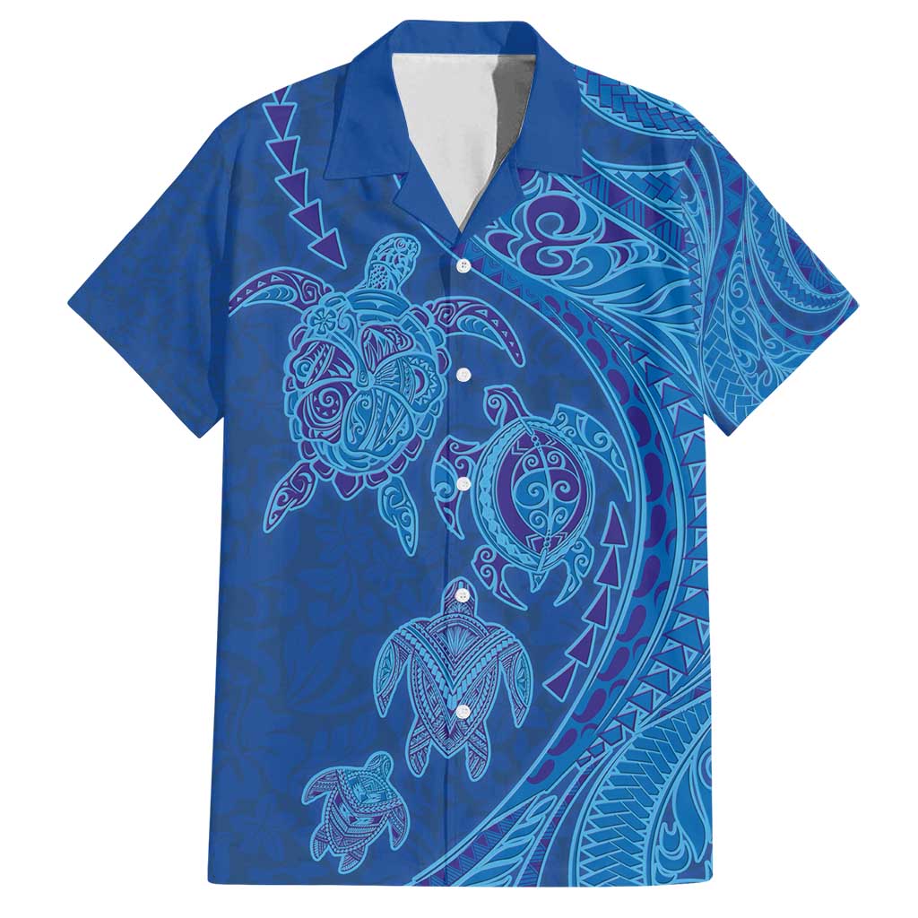 Hawaiian Turtles and Polynesian Art Tattoo Family Matching Tank Maxi Dress and Hawaiian Shirt Ocean Abyss LT03 Dad's Shirt - Short Sleeve Blue - Polynesian Pride