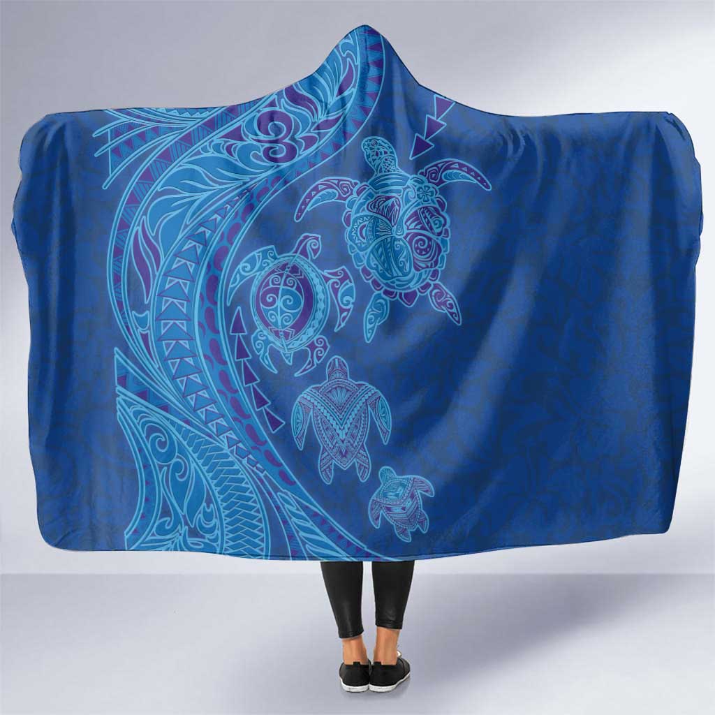 Hawaiian Turtles and Polynesian Art Tattoo Hooded Blanket Ocean Abyss LT03 One Size Blue - Polynesian Pride