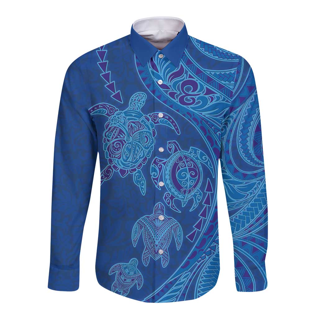 Hawaiian Turtles and Polynesian Art Tattoo Long Sleeve Button Shirt Ocean Abyss