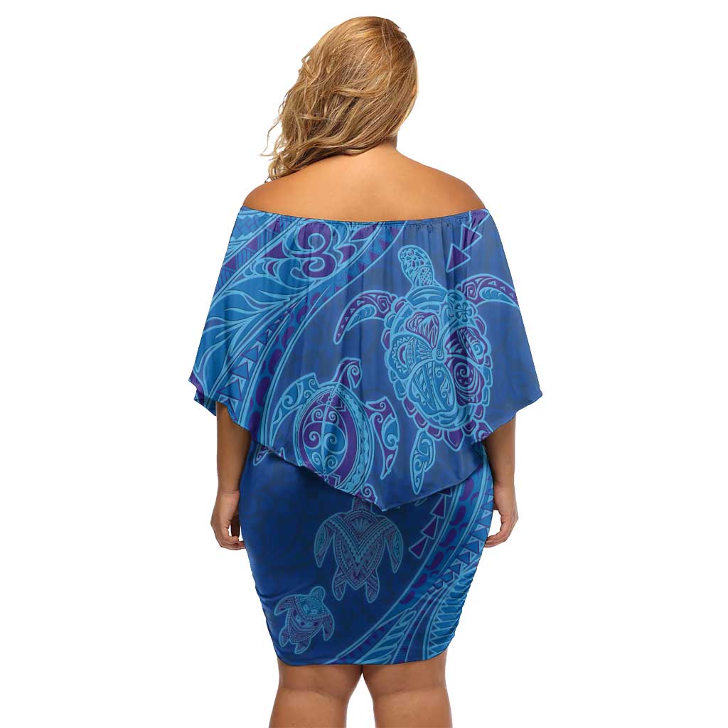 Hawaiian Turtles and Polynesian Art Tattoo Off Shoulder Short Dress Ocean Abyss