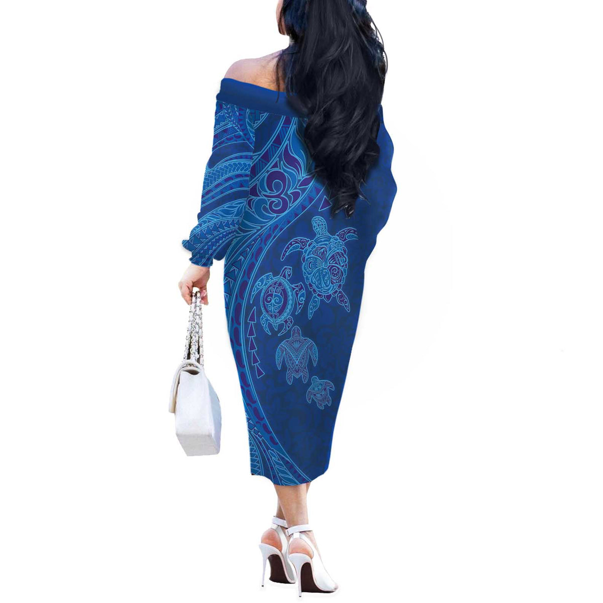Hawaiian Turtles and Polynesian Art Tattoo Off The Shoulder Long Sleeve Dress Ocean Abyss