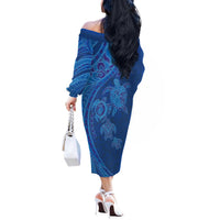 Hawaiian Turtles and Polynesian Art Tattoo Off The Shoulder Long Sleeve Dress Ocean Abyss