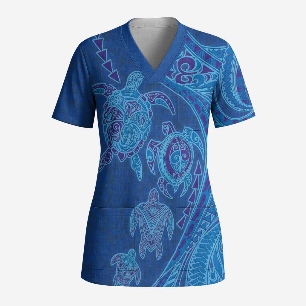 Hawaiian Turtles and Polynesian Art Tattoo Scrub Top Ocean Abyss - Polynesian Pride