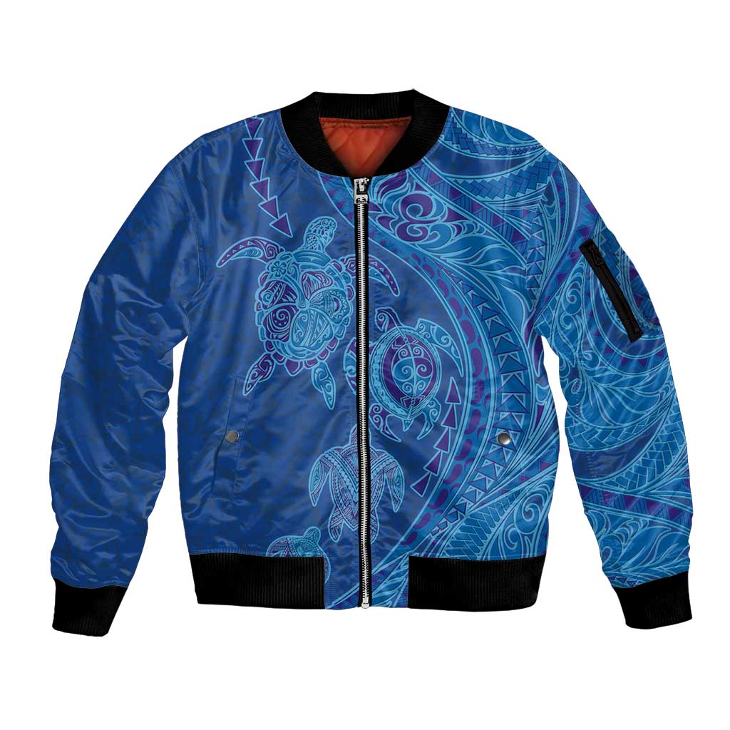 Hawaiian Turtles and Polynesian Art Tattoo Sleeve Zip Bomber Jacket Ocean Abyss LT03 Unisex Blue - Polynesian Pride