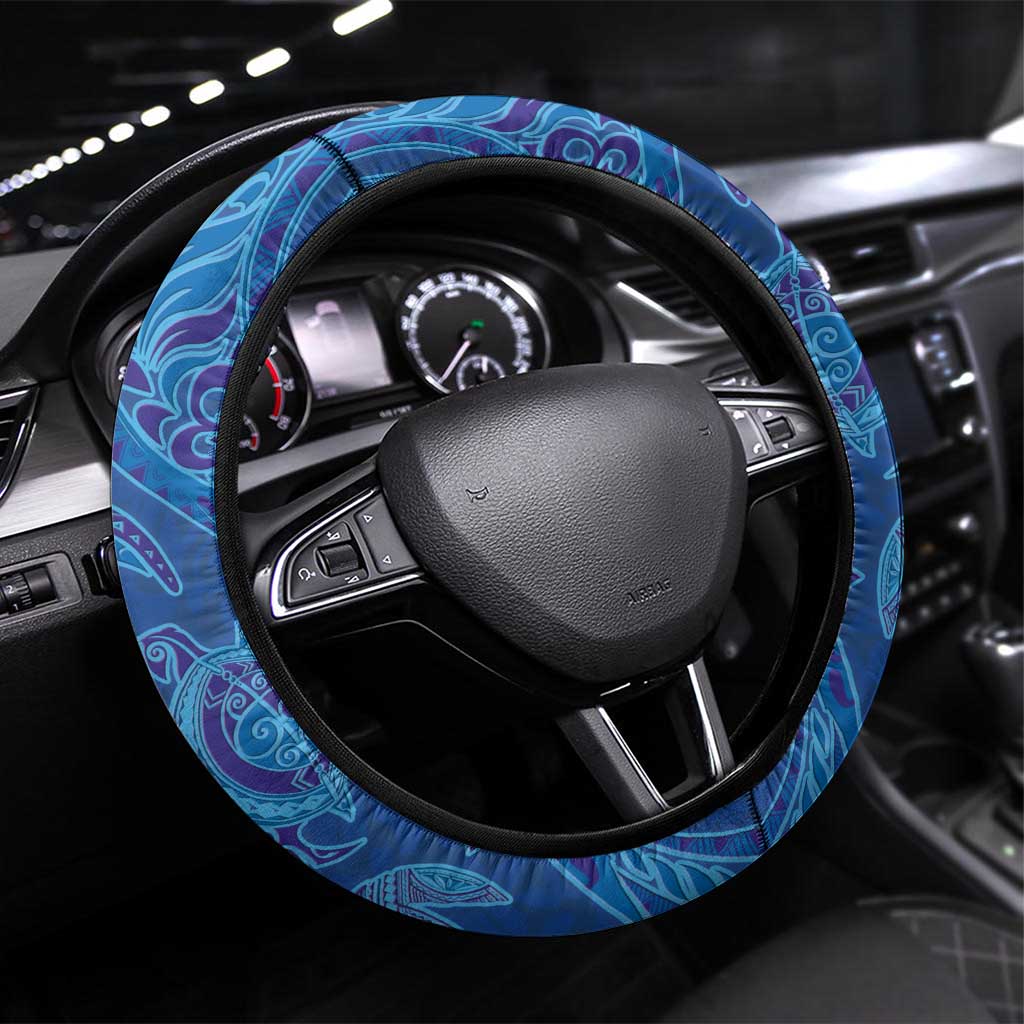 Hawaiian Turtles and Polynesian Art Tattoo Steering Wheel Cover Ocean Abyss LT03 Universal Fit Blue - Polynesian Pride