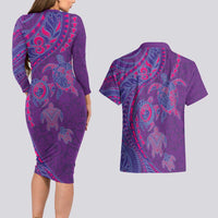 Hawaiian Turtles and Polynesian Art Tattoo Couples Matching Long Sleeve Bodycon Dress and Hawaiian Shirt Dusky Violet LT03 - Polynesian Pride