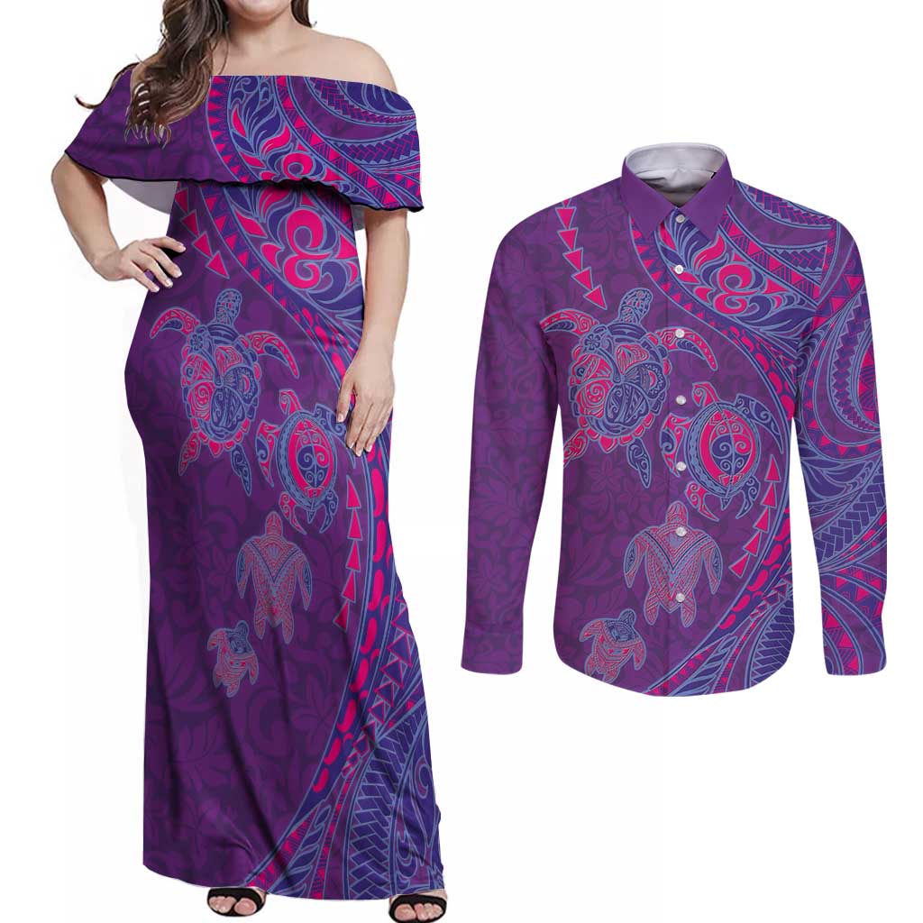 Hawaiian Turtles and Polynesian Art Tattoo Couples Matching Off Shoulder Maxi Dress and Long Sleeve Button Shirt Dusky Violet