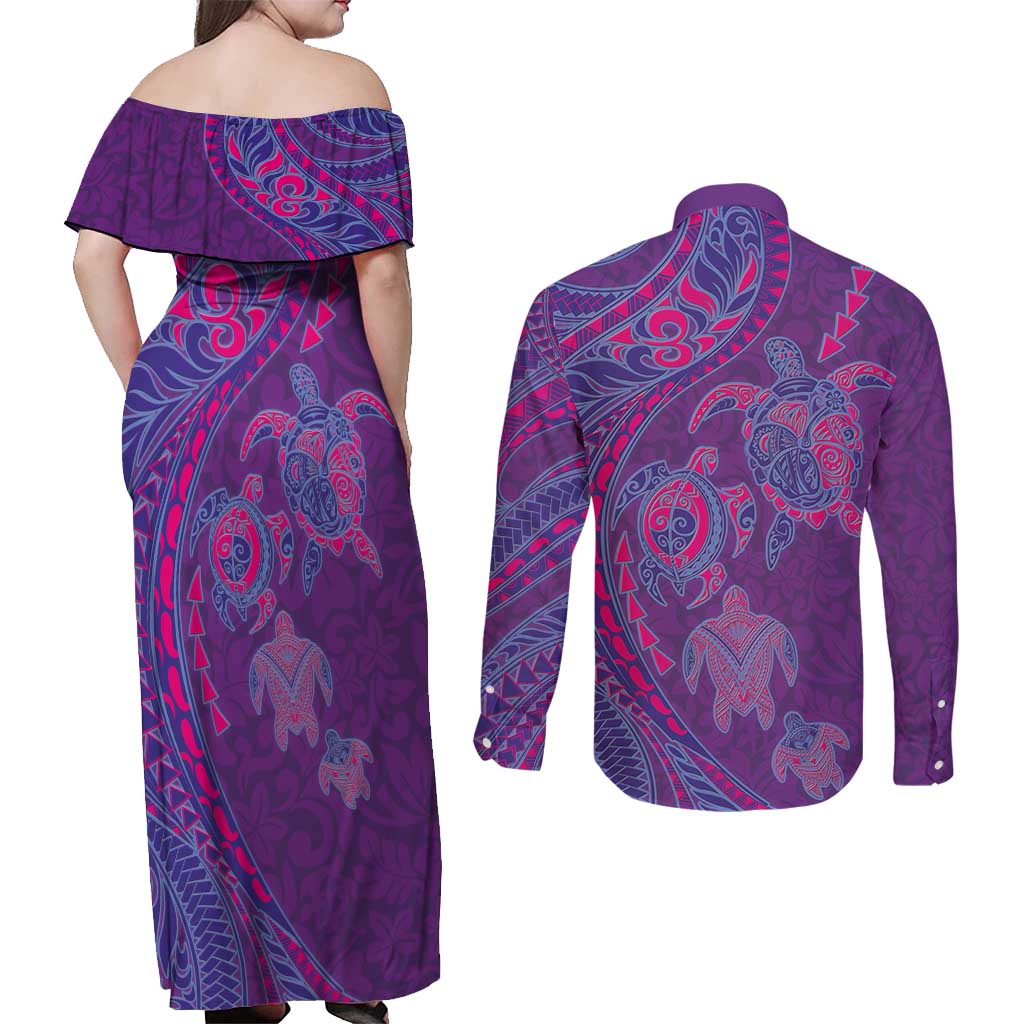 Hawaiian Turtles and Polynesian Art Tattoo Couples Matching Off Shoulder Maxi Dress and Long Sleeve Button Shirt Dusky Violet