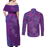 Hawaiian Turtles and Polynesian Art Tattoo Couples Matching Off Shoulder Maxi Dress and Long Sleeve Button Shirt Dusky Violet