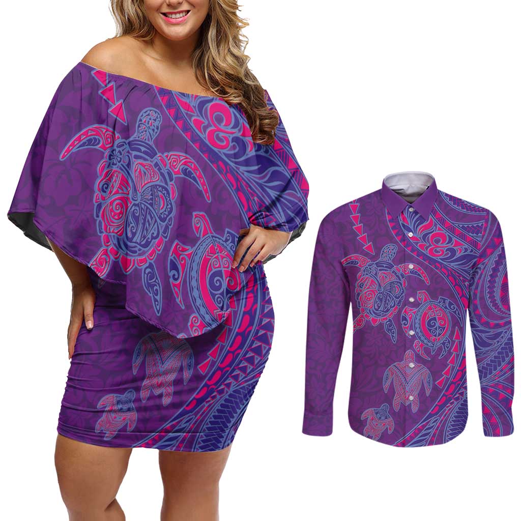 Hawaiian Turtles and Polynesian Art Tattoo Couples Matching Off Shoulder Short Dress and Long Sleeve Button Shirt Dusky Violet LT03 Purple - Polynesian Pride