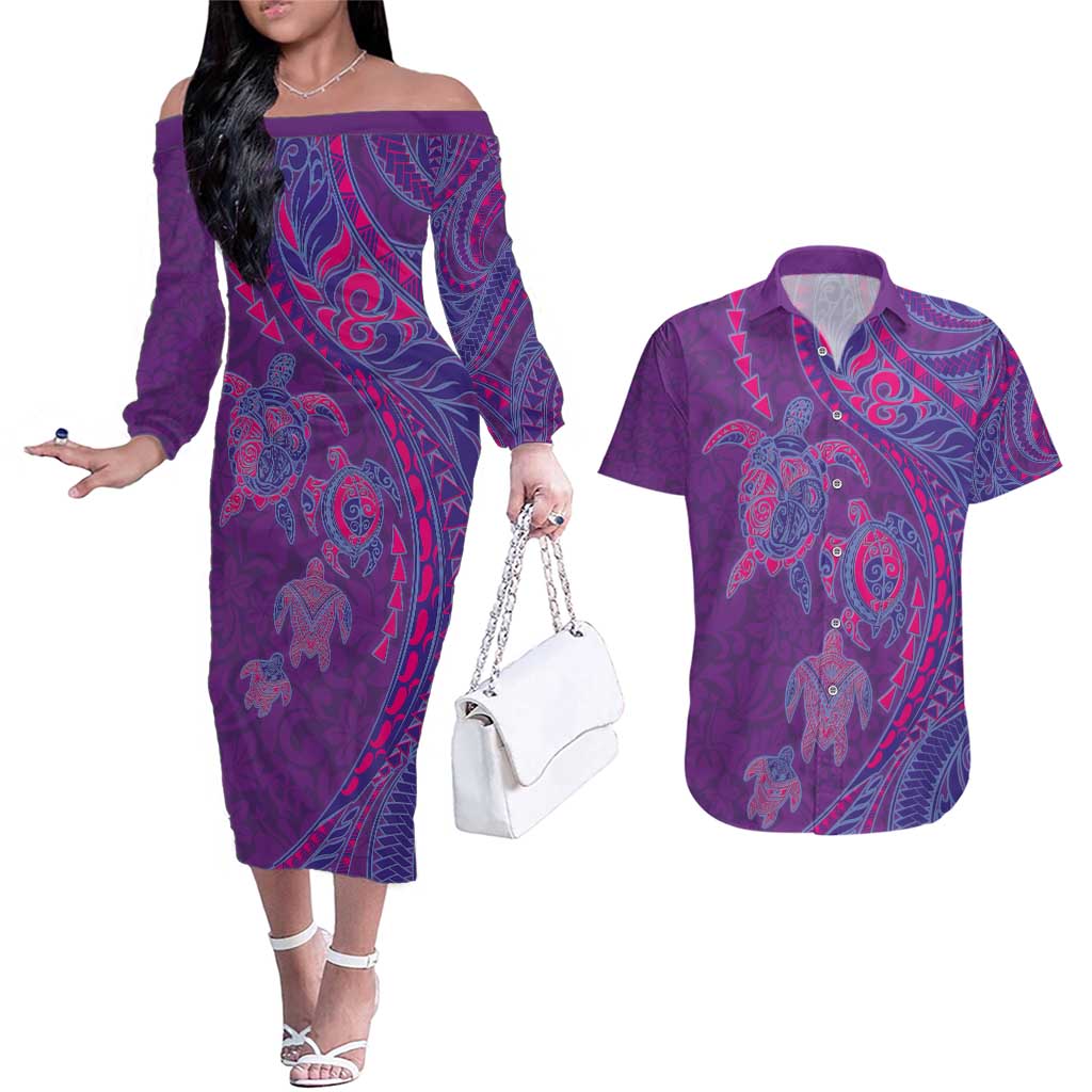 Hawaiian Turtles and Polynesian Art Tattoo Couples Matching Off The Shoulder Long Sleeve Dress and Hawaiian Shirt Dusky Violet LT03 Purple - Polynesian Pride