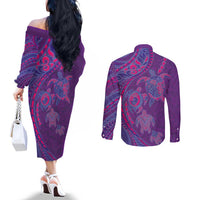 Hawaiian Turtles and Polynesian Art Tattoo Couples Matching Off The Shoulder Long Sleeve Dress and Long Sleeve Button Shirt Dusky Violet