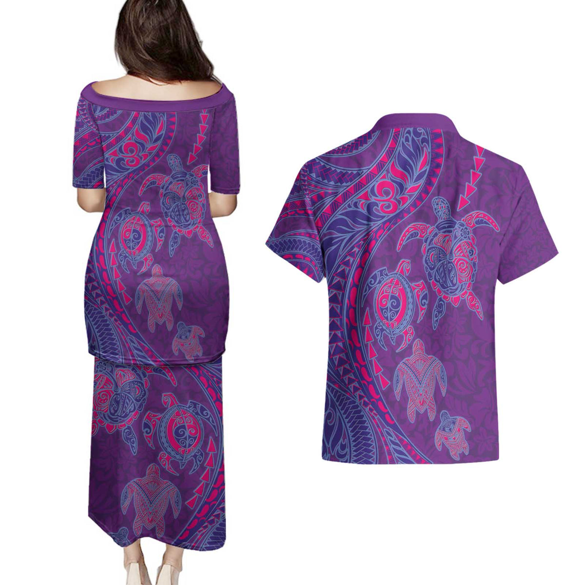 Hawaiian Turtles and Polynesian Art Tattoo Couples Matching Puletasi and Hawaiian Shirt Dusky Violet