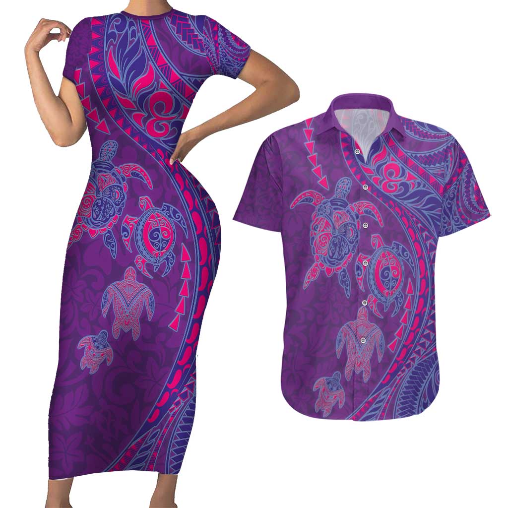 Hawaiian Turtles and Polynesian Art Tattoo Couples Matching Short Sleeve Bodycon Dress and Hawaiian Shirt Dusky Violet LT03 Purple - Polynesian Pride