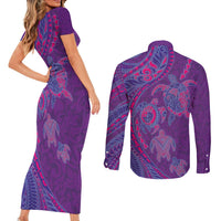 Hawaiian Turtles and Polynesian Art Tattoo Couples Matching Short Sleeve Bodycon Dress and Long Sleeve Button Shirt Dusky Violet
