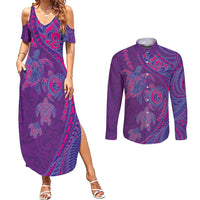Hawaiian Turtles and Polynesian Art Tattoo Couples Matching Summer Maxi Dress and Long Sleeve Button Shirt Dusky Violet