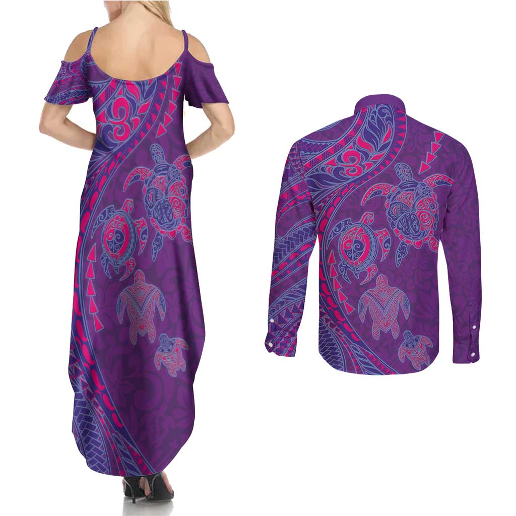 Hawaiian Turtles and Polynesian Art Tattoo Couples Matching Summer Maxi Dress and Long Sleeve Button Shirt Dusky Violet
